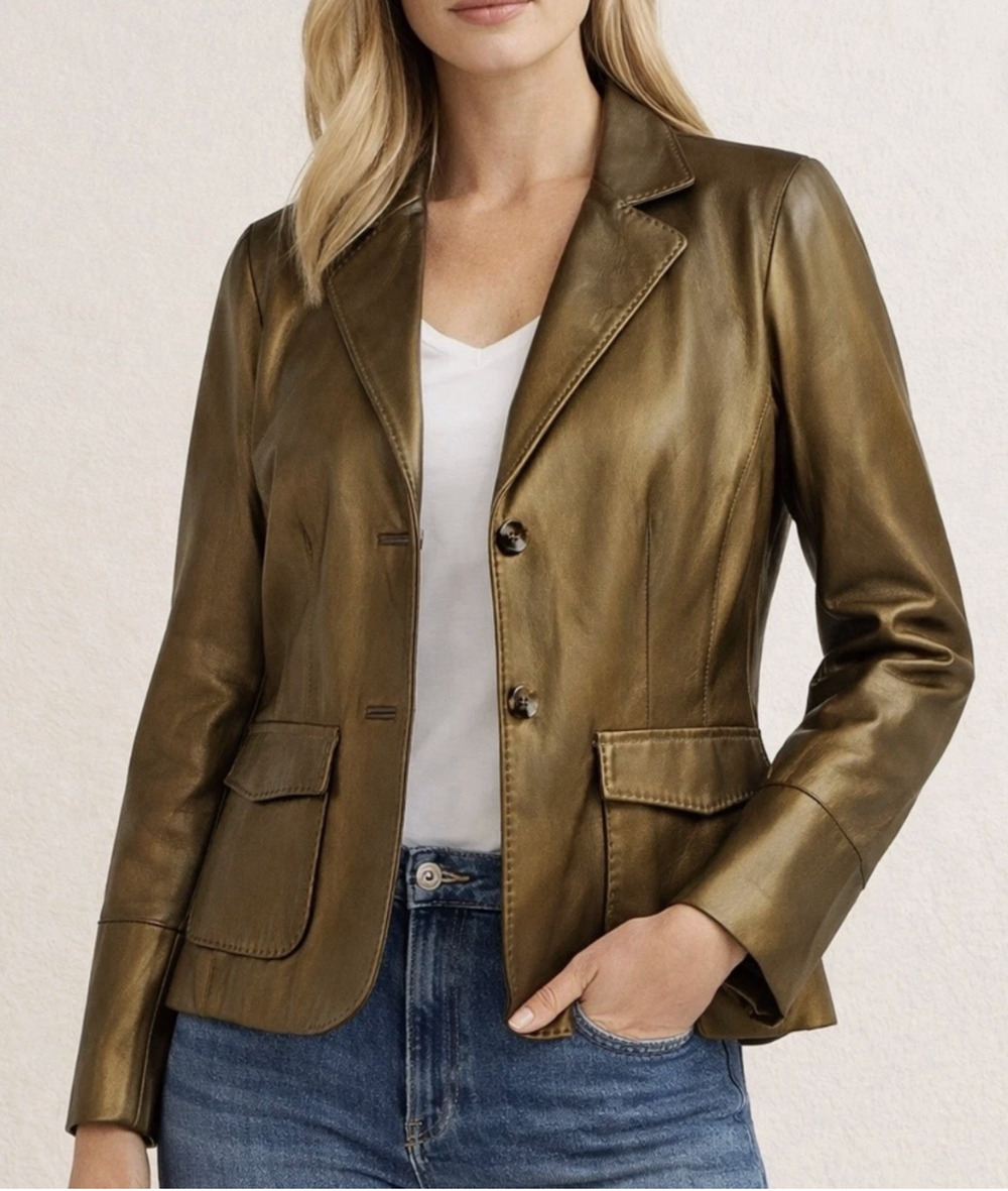 Cabi Metallic Gold Bronze Leather Blazer Jacket Women Size 10